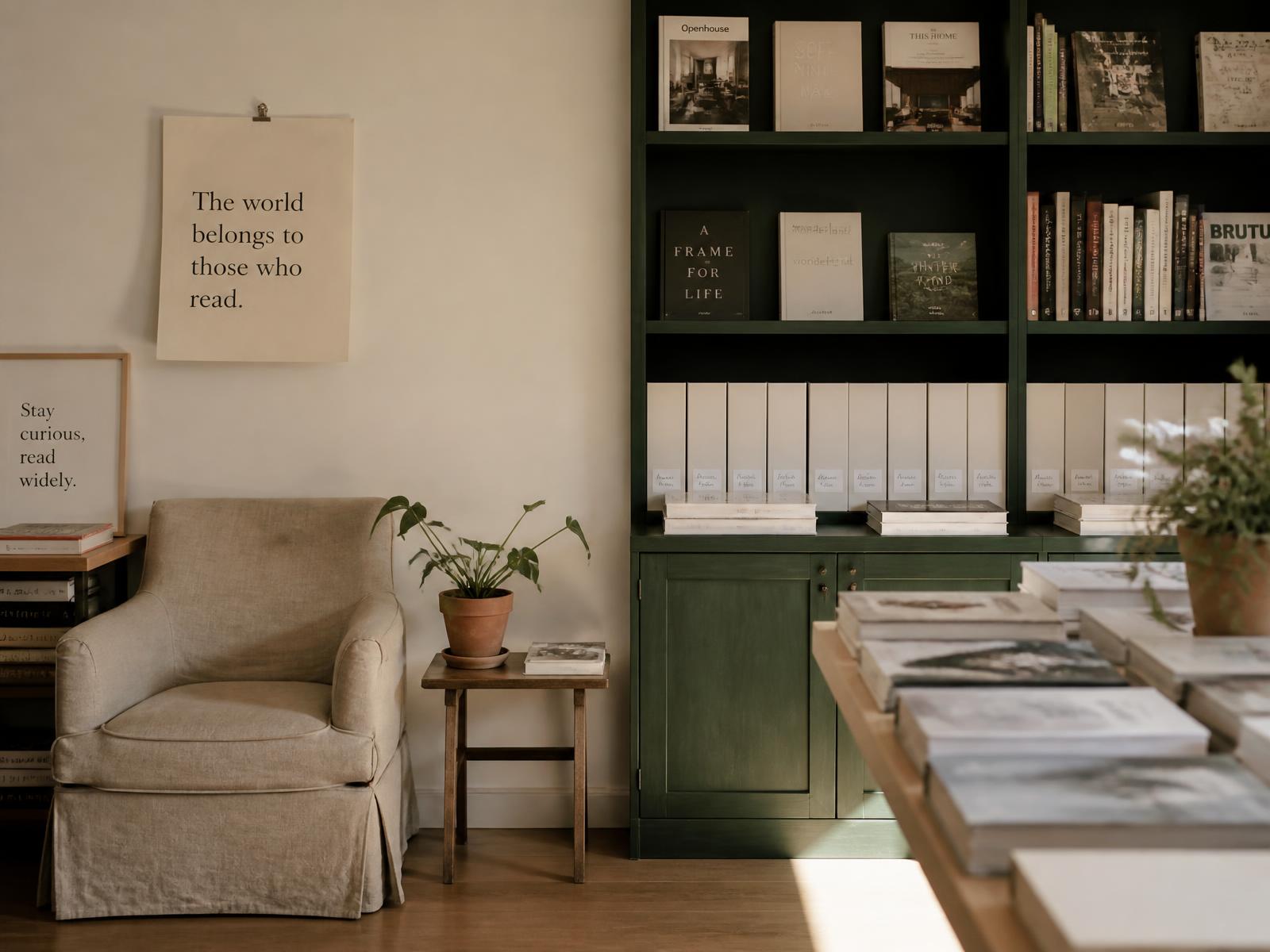 Warm independent bookstore reading corner with organized shelves and binders