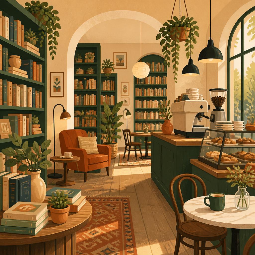 Illustration of the PageTurn Books bookstore and cafe interior